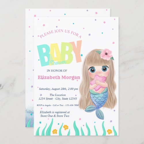 Under The SeaMermaid Seashell Star Baby Shower Invitation