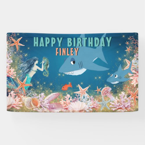 Under the Sea Mermaid Shark Birthday Party Banner