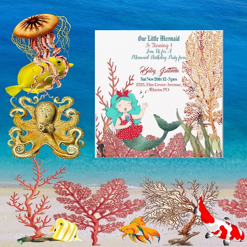  Under The Sea Mermaid Singing Coral Reef Birthday Invitation