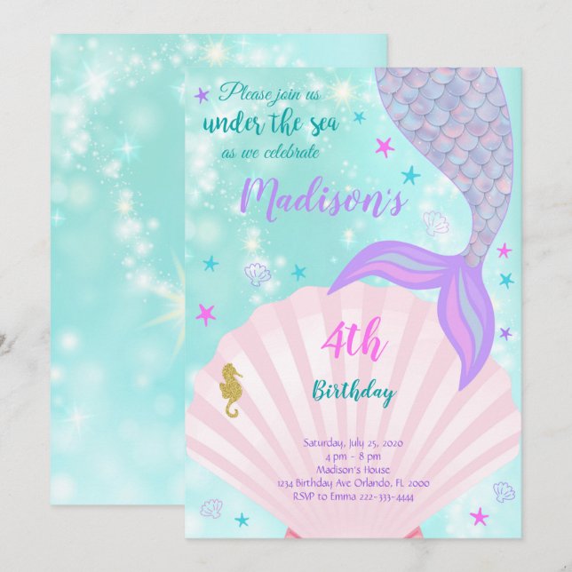 Under The Sea Mermaid Tail Birthday Invitation (Front/Back)