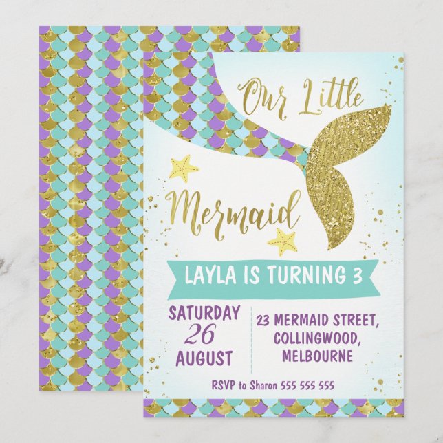 Under The Sea Mermaid Tail Birthday Invitation (Front/Back)