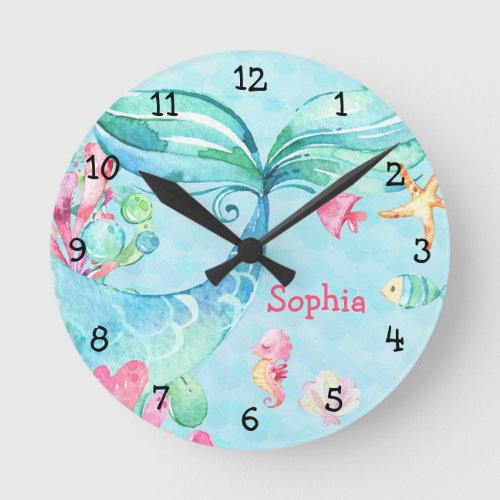 Under the Sea Mermaid Teal Pink Girl Nursery Round Clock