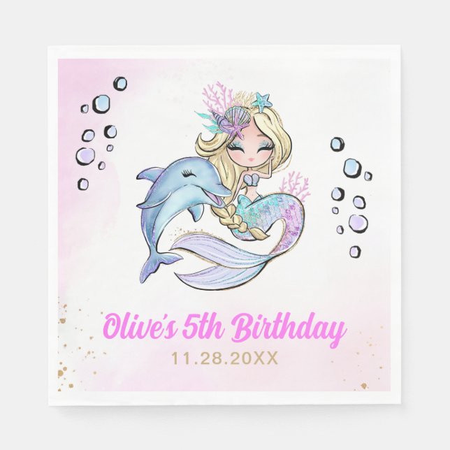 Under the Sea Mermaid Themed 5th Birthday Napkins (Front)