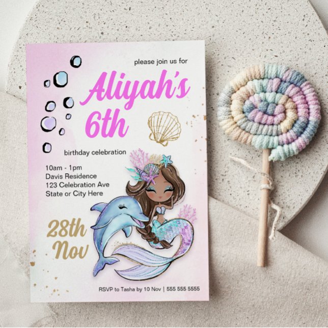 Under the Sea Mermaid Themed 6th Birthday Invitation (Creator Uploaded)