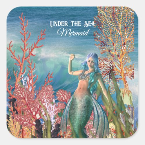 Under The Sea Mermaid Tropical Coral Reef Birthday Square Sticker