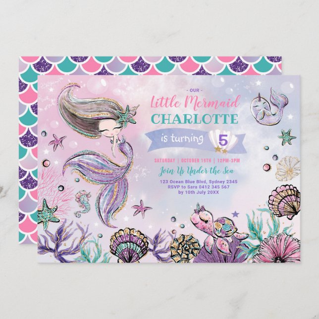 Under the Sea Mermaid Turtle Narwhal Birthday Invitation (Front/Back)