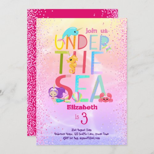 Under The Sea Mermaid Unicorn Pink Glitter Girls Invitation