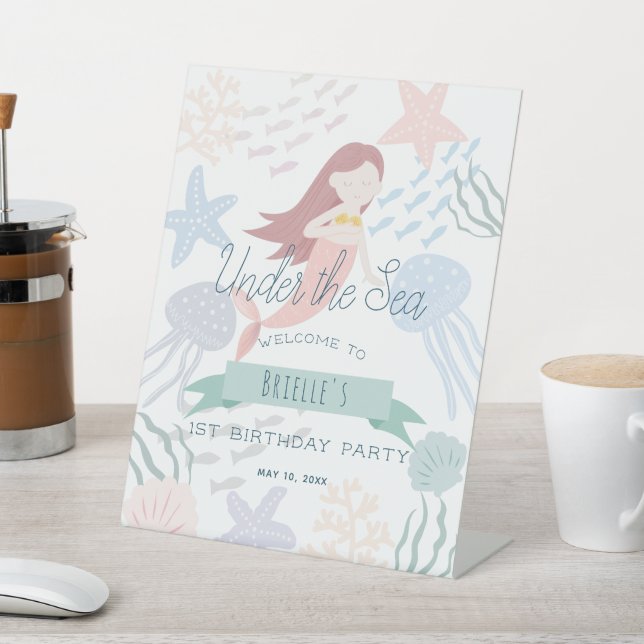 Under the Sea Mermaid White Birthday Pedestal Sign (In SItu)