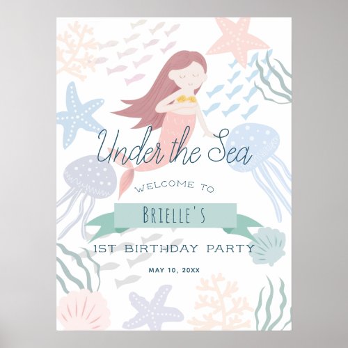 Under the Sea Mermaid White Birthday Welcome Poster