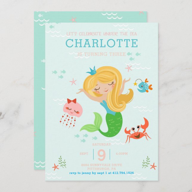 Under the Sea Mermaid with Blonde Hair Kids Invitation (Front/Back)