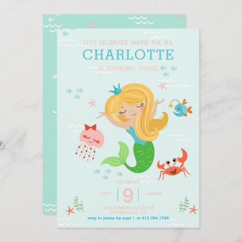 Under the Sea Mermaid with Blonde Hair Kids Invitation