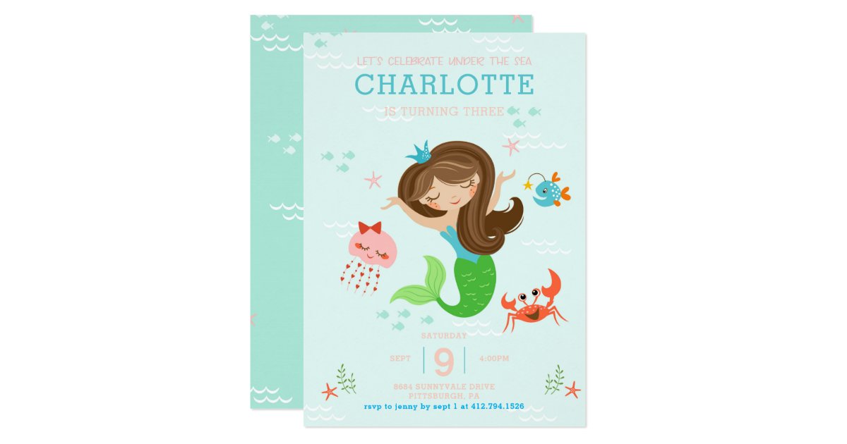 Under The Sea Mermaid With Brown Hair Kids Invitation Zazzle Com