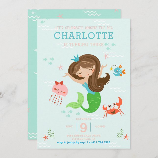 Under the Sea Mermaid with Brown Hair Kids Invitation (Front/Back)