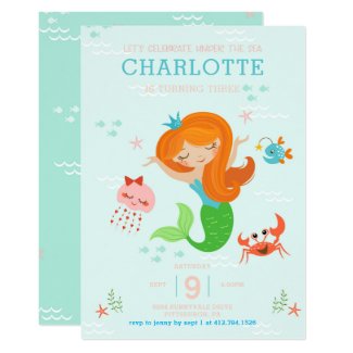 Under the Sea Mermaid with Red Hair Kids Birthday Card