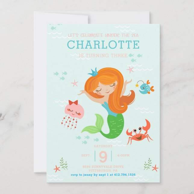 Under the Sea Mermaid with Red Hair Kids Birthday Invitation (Front)