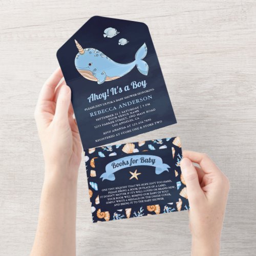Under the Sea Narwhal Navy Blue Baby Shower All In One Invitation