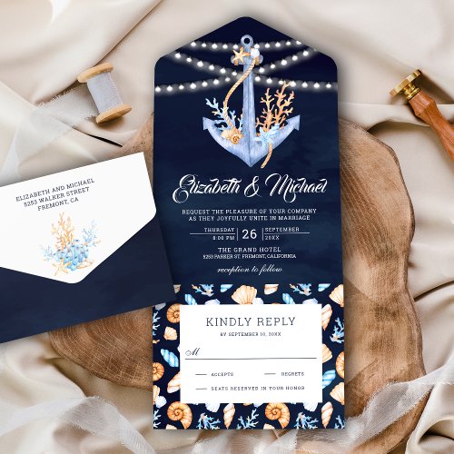Under the Sea Nautical Anchor Navy Blue Wedding All In One Invitation