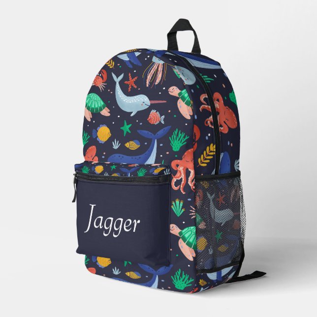 Under the Sea Navy Blue Personalized Name Backpack (Back Corner Right)