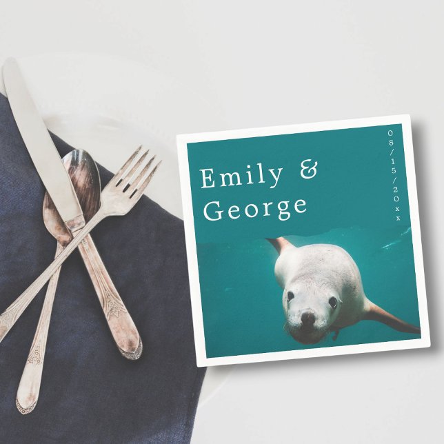 Under The Sea Navy Blue Sea Lion Beach Wedding Napkins (Creator Uploaded)