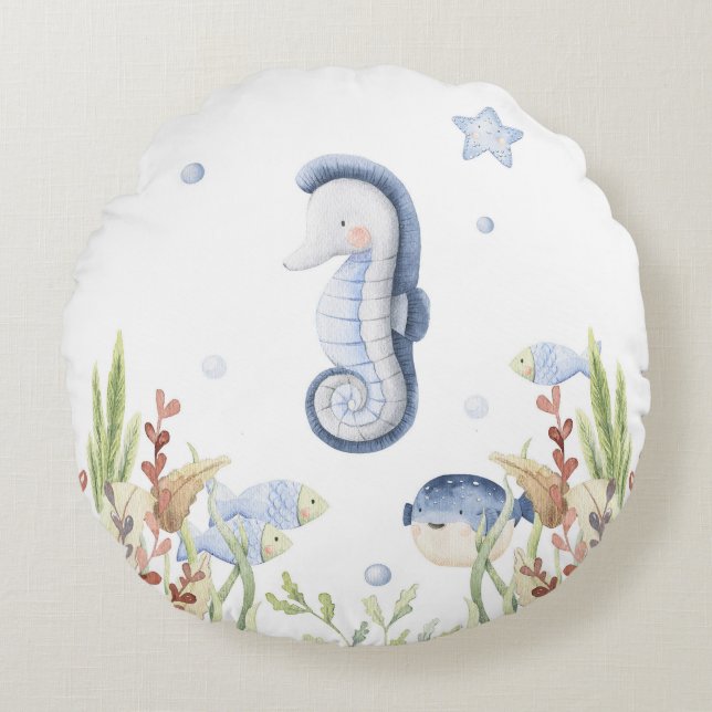 Under the sea Nursery Decor, Sea Horse Round Pillow (Front)