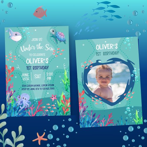 Under The Sea Ocean 1st Baby Boy Birthday  Invitat Invitation