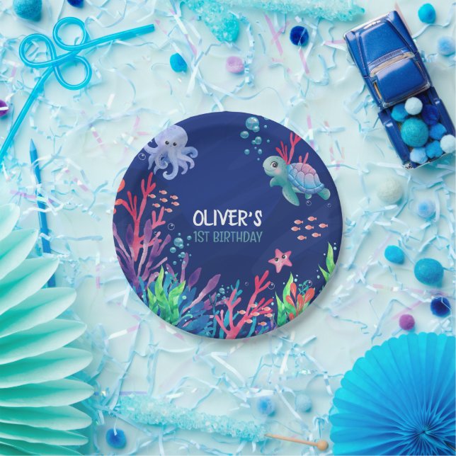 Under The Sea Ocean 1st Baby Boy Birthday  Paper Plates (Party)