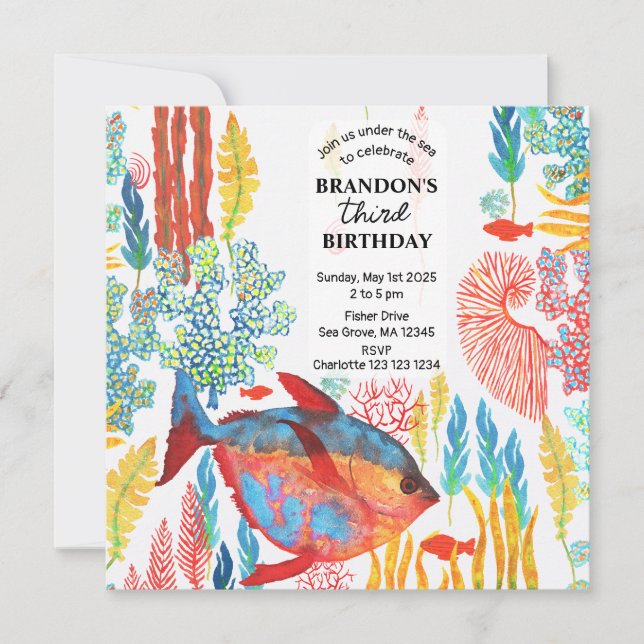 Under The Sea Ocean Animal watercolor Birthday  Invitation (Front)