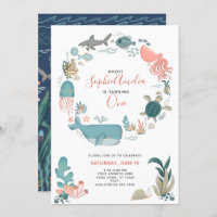 Under the Sea Ocean Animals 1st Birthday Script Invitation