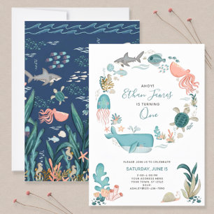 Under the Sea Ocean Animals 1st Birthday Script Invitation