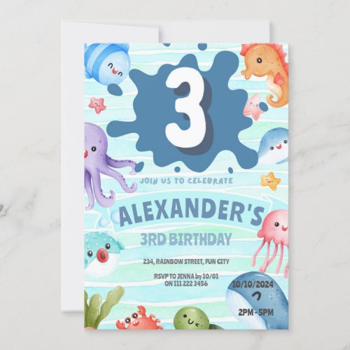 Under the Sea Ocean Animals 3rd Birthday Invitation