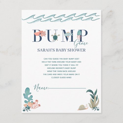 Under the Sea Ocean Animals Baby Shower Bump Game Enclosure Card - Designed to coordinate with our bestselling Under the Sea Oh Boy, Oh Baby and Oh Baby Baby shower invitations, this baby shower Bump game features 'BUMP' in letters decorated with sea creatures, and the back features and watercolor underwater mural scene. Copyright Elegant Invites, all rights reserved.