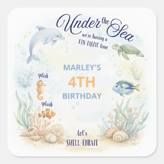 Under the Sea Ocean Animals Beach Birthday Square Sticker (Front)