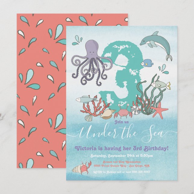 Under the Sea Ocean Animals Birthday party Invitation (Front/Back)