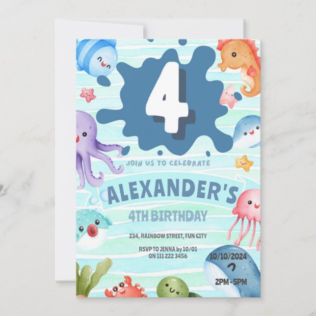 Under the Sea Ocean Animals Nautical 4th Birthday Invitation (Front)