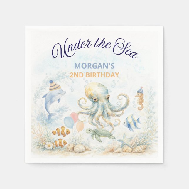 Under the Sea Ocean Animals Octopus Birthday Napkins (Front)