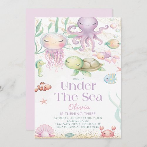  Under The Sea Ocean Animals purple girl Birthday Invitation