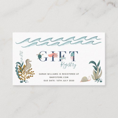 Under the Sea Ocean Animals Shower Gift Registry Business Card - Blue watercolor Under the Sea theme baby shower gift registry design, designed to coordinate with invitations. Customize with your own text. Copyright Elegant Invites, all rights reserved.