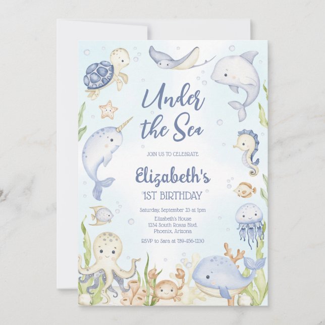 Under the Sea Ocean Animals Theme Birthday  Invitation (Front)