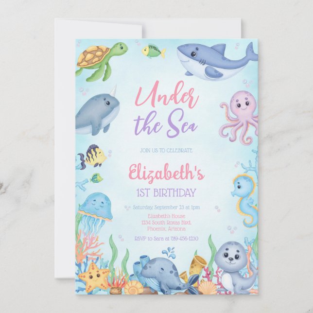Under the Sea Ocean Animals Theme Birthday Invitation (Front)