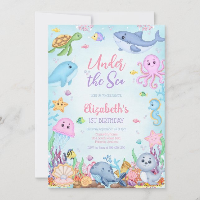 Under the Sea Ocean Animals Theme Birthday  Invitation (Front)