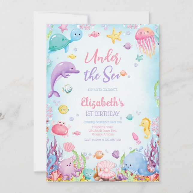 Under the Sea Ocean Animals Theme Birthday Invitation (Front)