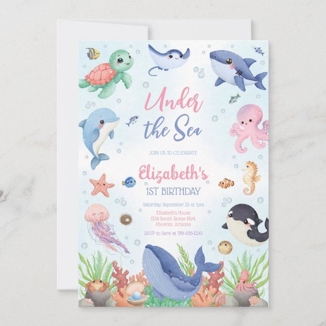 Under the Sea Ocean Animals Theme Birthday Invitation (Front)