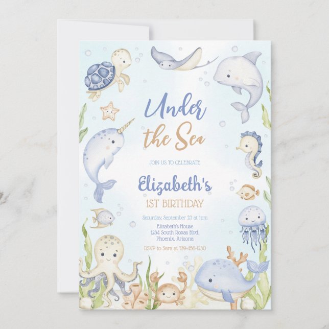Under the Sea Ocean Animals Theme Birthday  Invitation (Front)