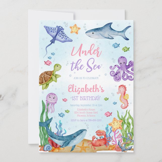 Under the Sea Ocean Animals Theme Birthday Invitation (Front)