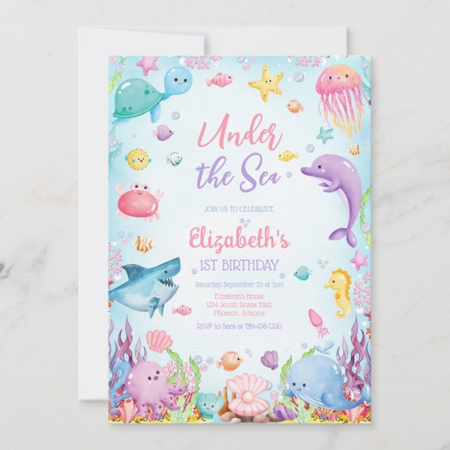 Under the Sea Ocean Animals Theme Birthday  Invitation (Front)