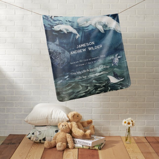 Under the Sea | Ocean Baby Birth Stats Blanket (In Situ)