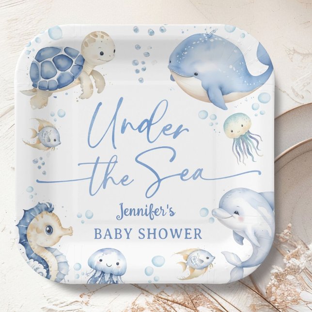 Under The Sea Ocean Baby Shower Boy Dusty Blue Paper Plates (Creator Uploaded)