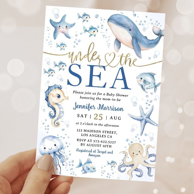Under The Sea Ocean Baby Shower Boy Navy Blue Gold Invitation (Creator Uploaded)