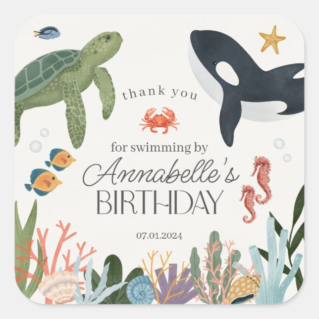 Under the Sea Ocean Birthday Party Favors Square Sticker (Front)