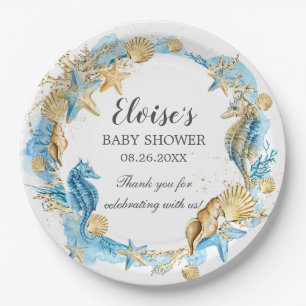 Under the Sea Ocean Blue Gold Boy Baby Shower  Paper Plates